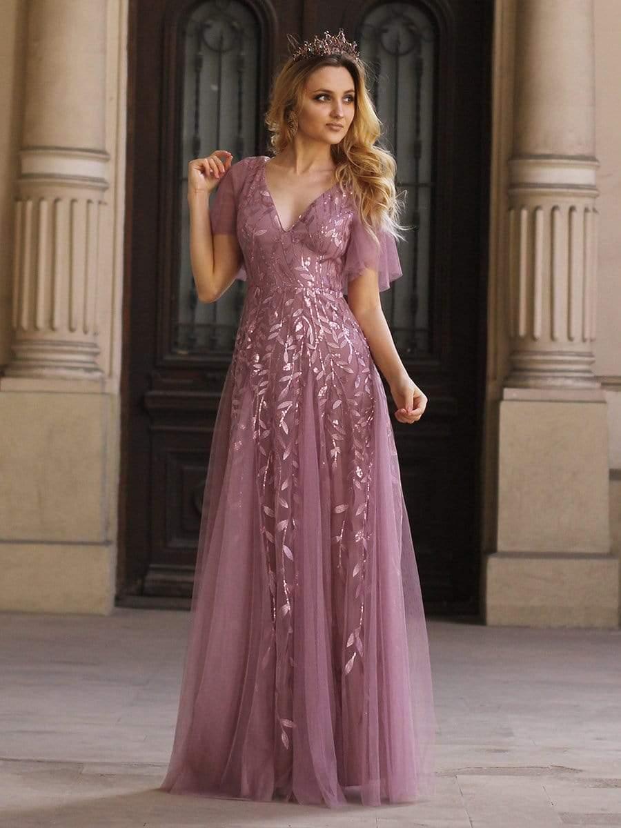 ever ASTRAL|Ruffle Sleeves Leaf Sequin Maxi Bridesmaid Dress