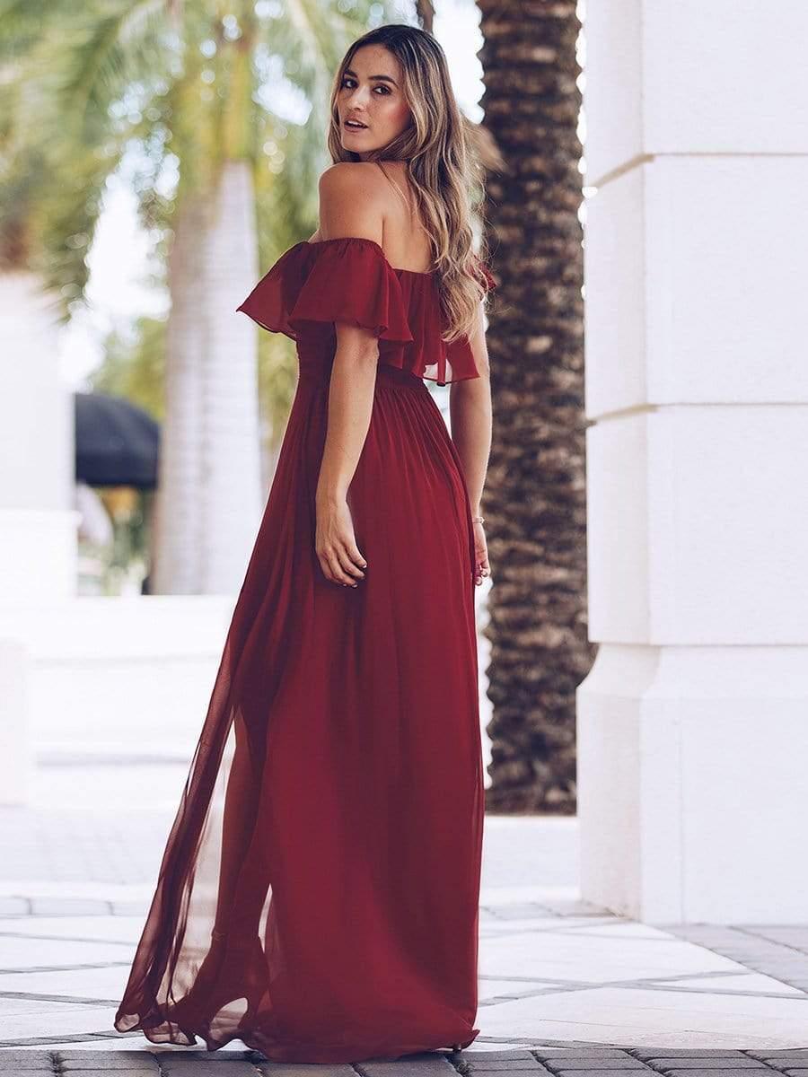 ever ÉMILE|Off the Shoulder Ruffle Bodice Long Flowy Chiffon Bridesmaid Dress