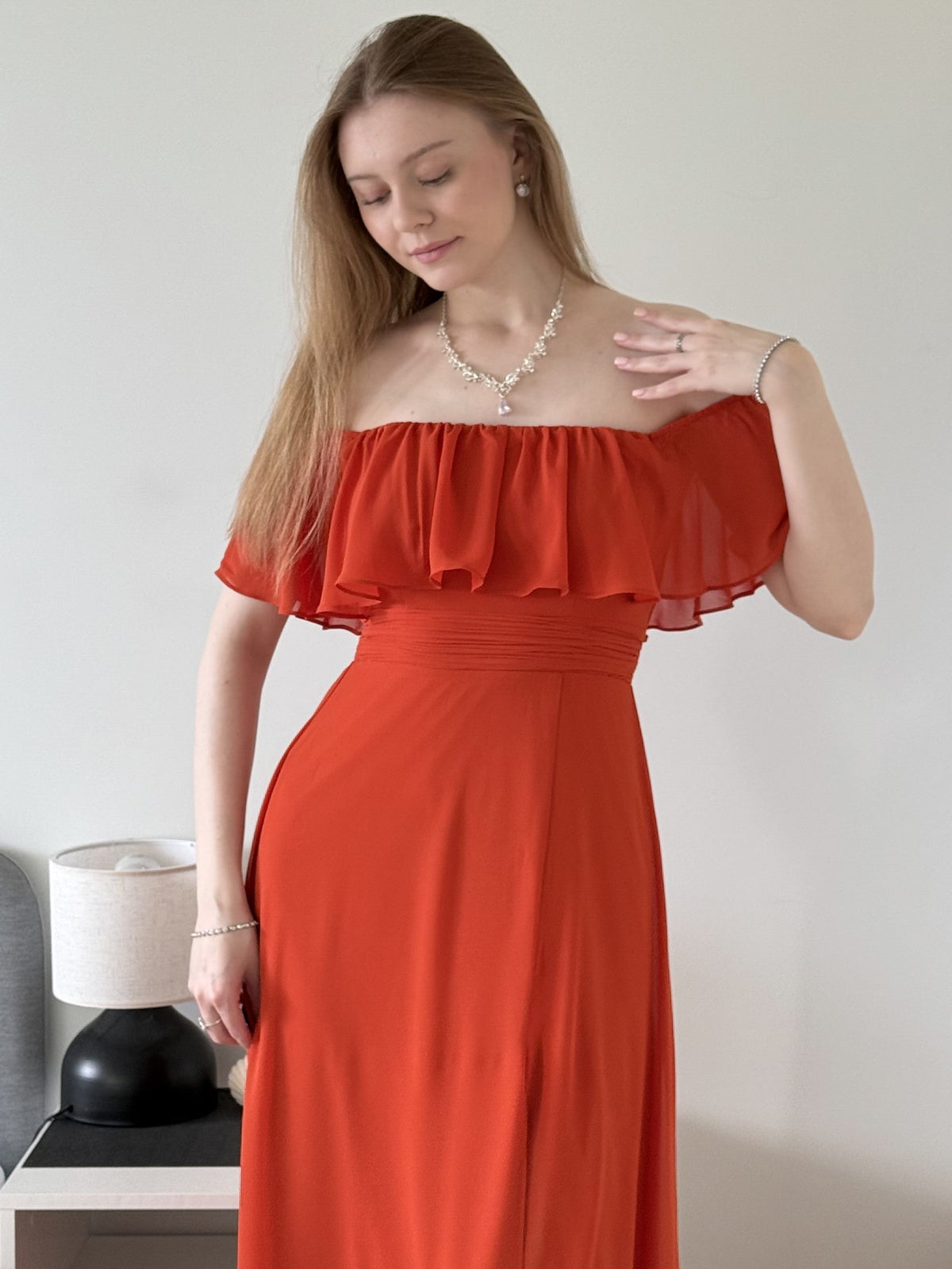 ever ÉMILE|Off the Shoulder Ruffle Bodice Long Flowy Chiffon Bridesmaid Dress