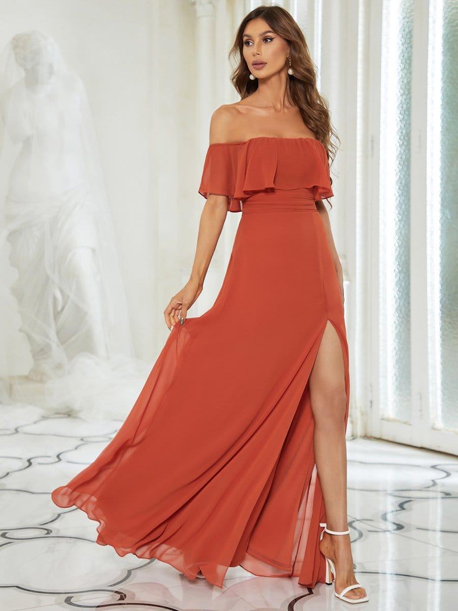 ever ÉMILE|Off the Shoulder Ruffle Bodice Long Flowy Chiffon Bridesmaid Dress