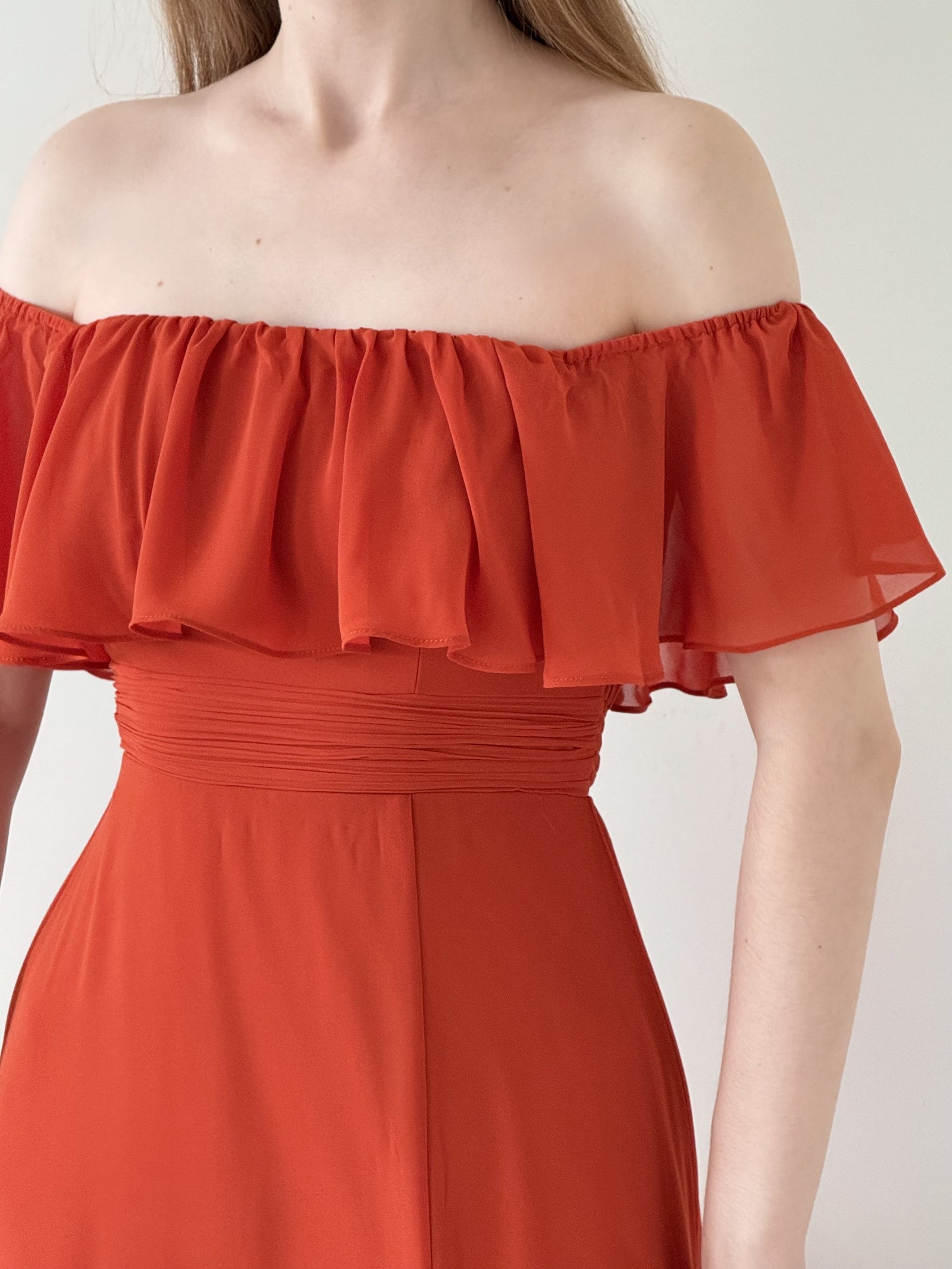 ever ÉMILE|Off the Shoulder Ruffle Bodice Long Flowy Chiffon Bridesmaid Dress
