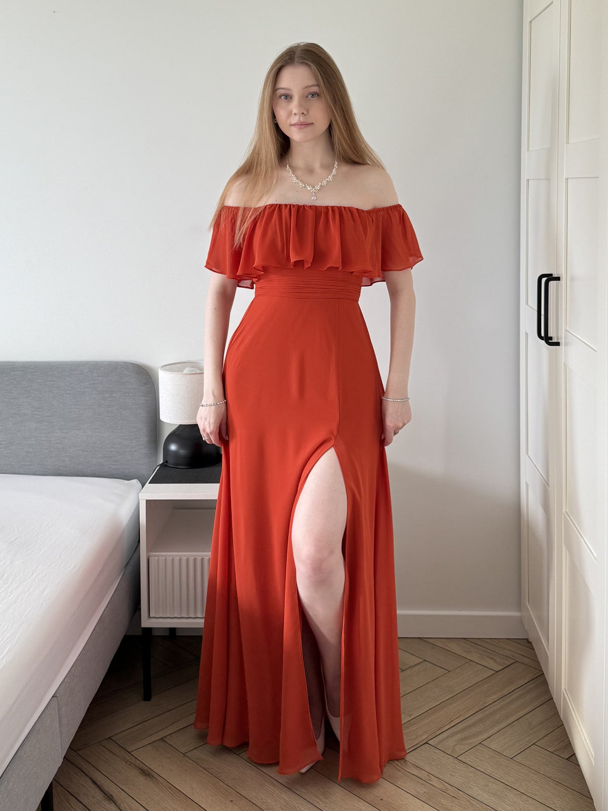 ever ÉMILE|Off the Shoulder Ruffle Bodice Long Flowy Chiffon Bridesmaid Dress