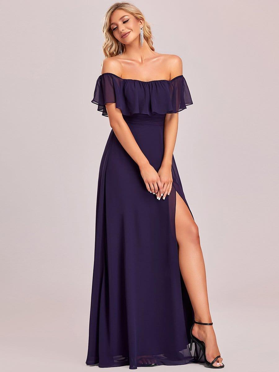 ever ÉMILE|Off the Shoulder Ruffle Bodice Long Flowy Chiffon Bridesmaid Dress