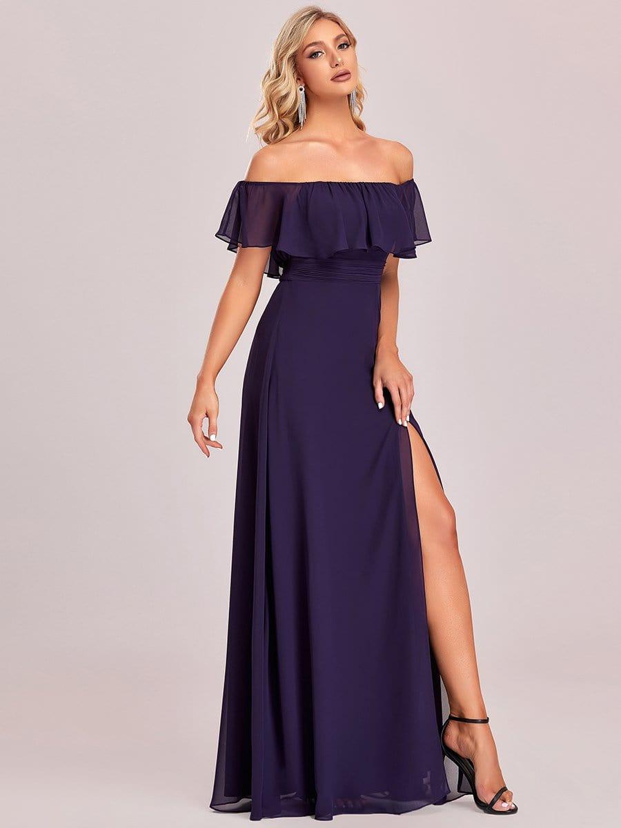 ever ÉMILE|Off the Shoulder Ruffle Bodice Long Flowy Chiffon Bridesmaid Dress