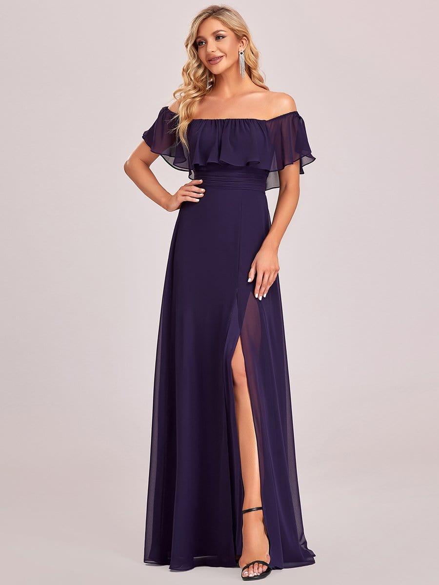 ever ÉMILE|Off the Shoulder Ruffle Bodice Long Flowy Chiffon Bridesmaid Dress
