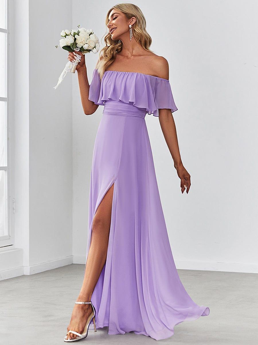 ever ÉMILE|Off the Shoulder Ruffle Bodice Long Flowy Chiffon Bridesmaid Dress