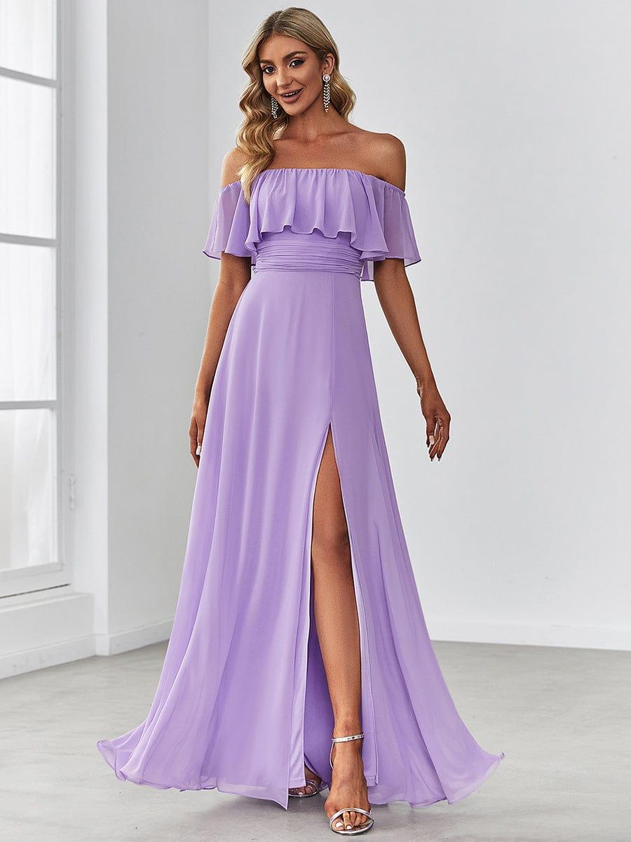 ever ÉMILE|Off the Shoulder Ruffle Bodice Long Flowy Chiffon Bridesmaid Dress