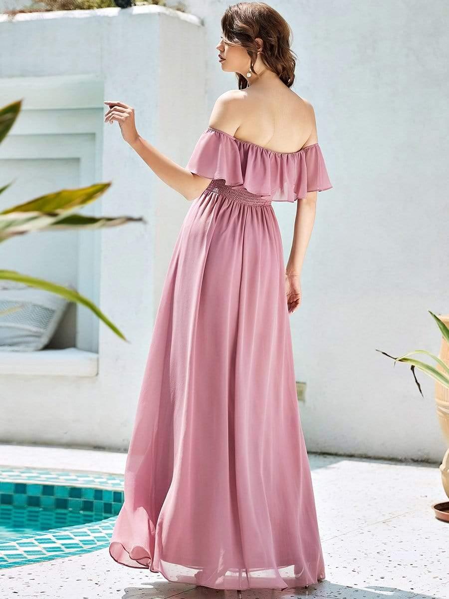 ever ÉMILE|Off the Shoulder Ruffle Bodice Long Flowy Chiffon Bridesmaid Dress