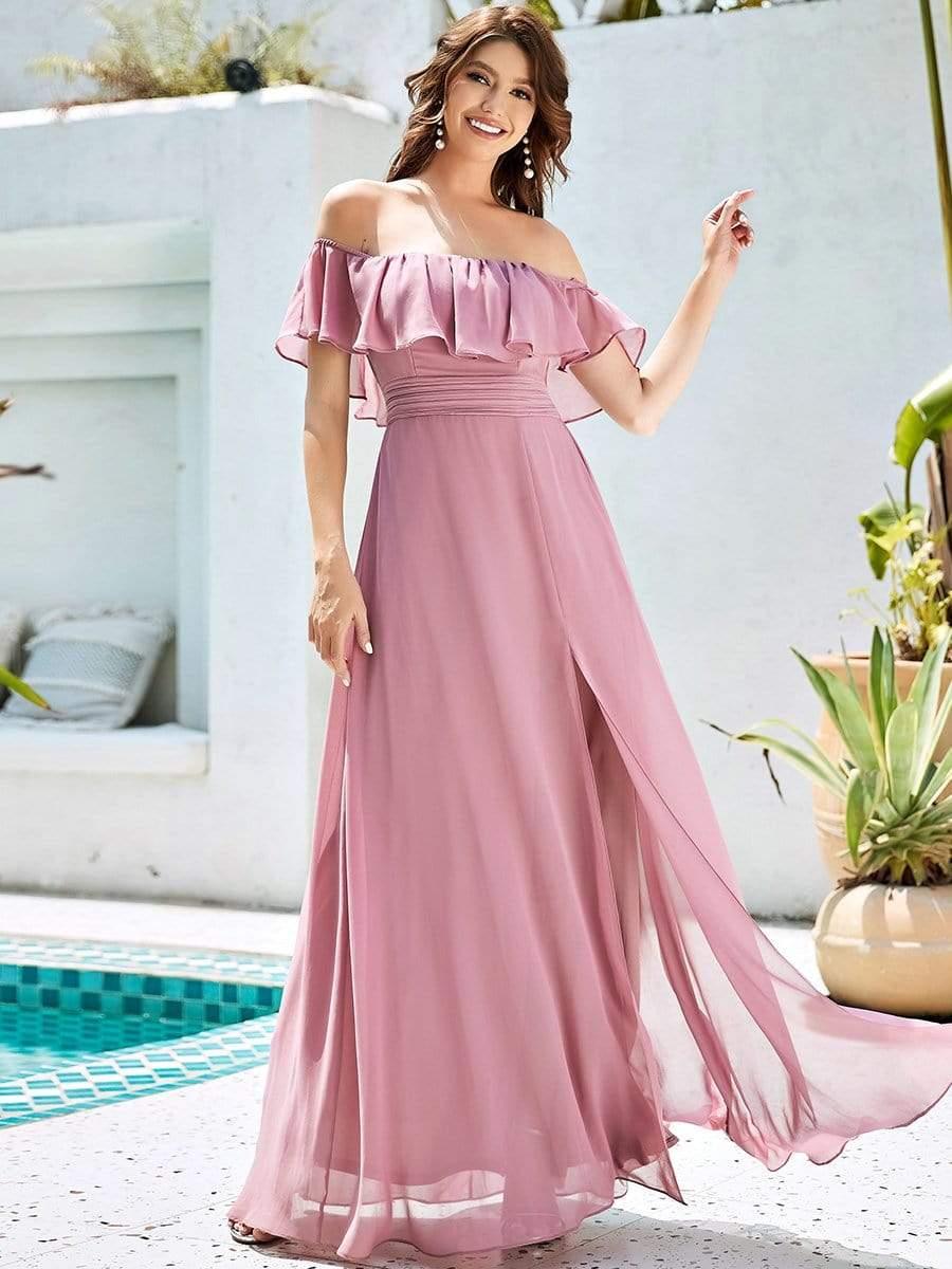 ever ÉMILE|Off the Shoulder Ruffle Bodice Long Flowy Chiffon Bridesmaid Dress