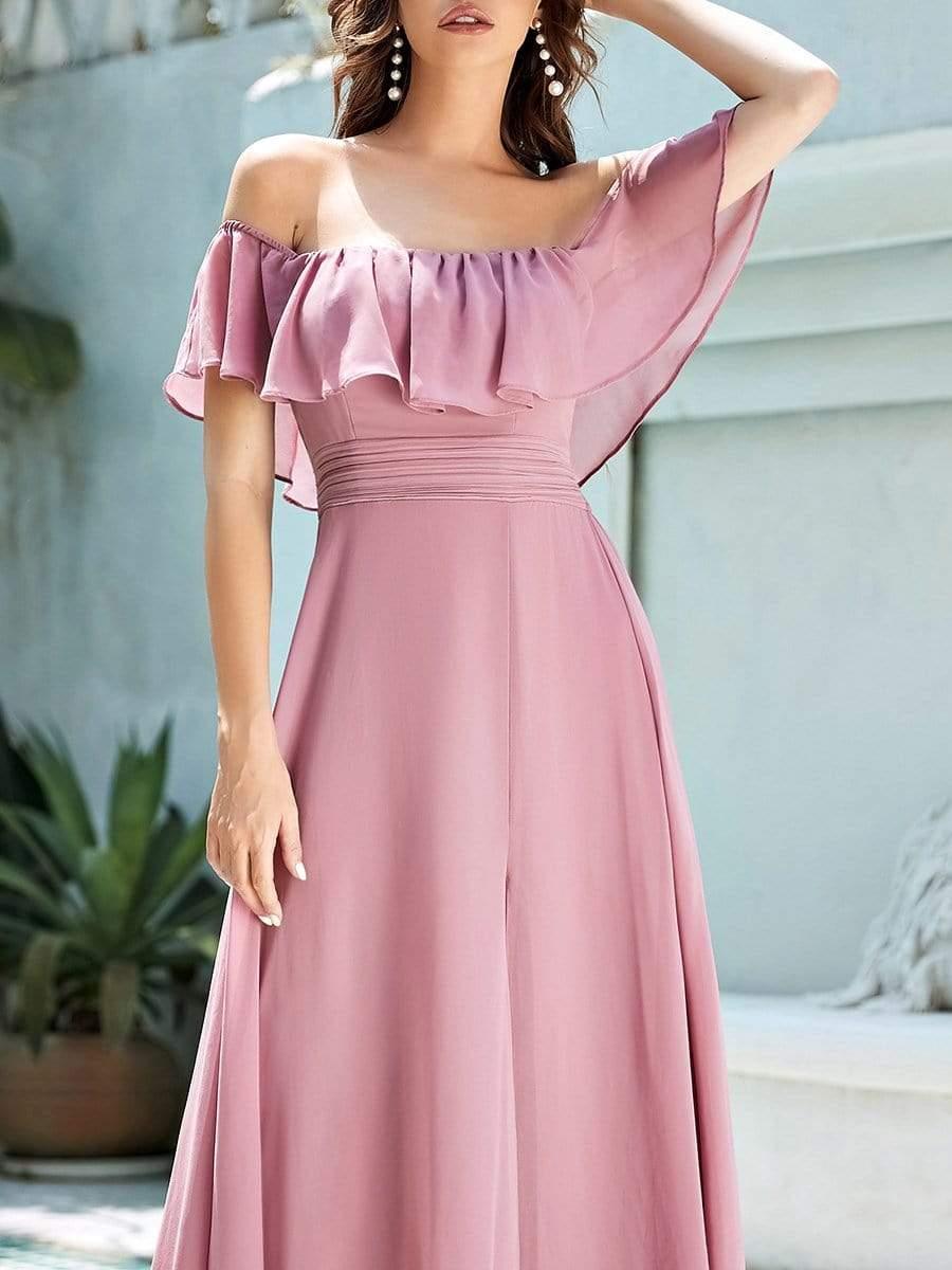 ever ÉMILE|Off the Shoulder Ruffle Bodice Long Flowy Chiffon Bridesmaid Dress
