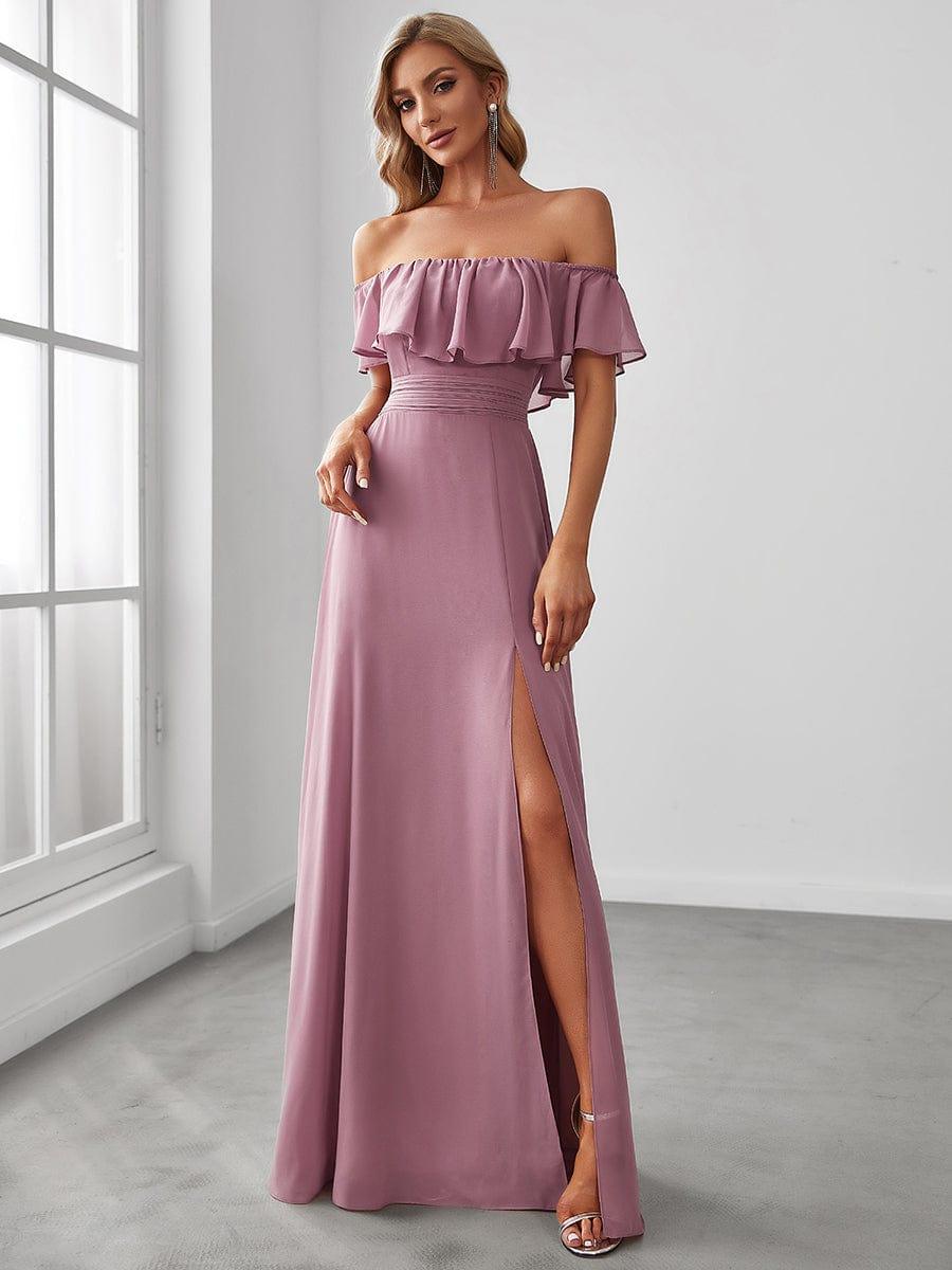ever ÉMILE|Off the Shoulder Ruffle Bodice Long Flowy Chiffon Bridesmaid Dress