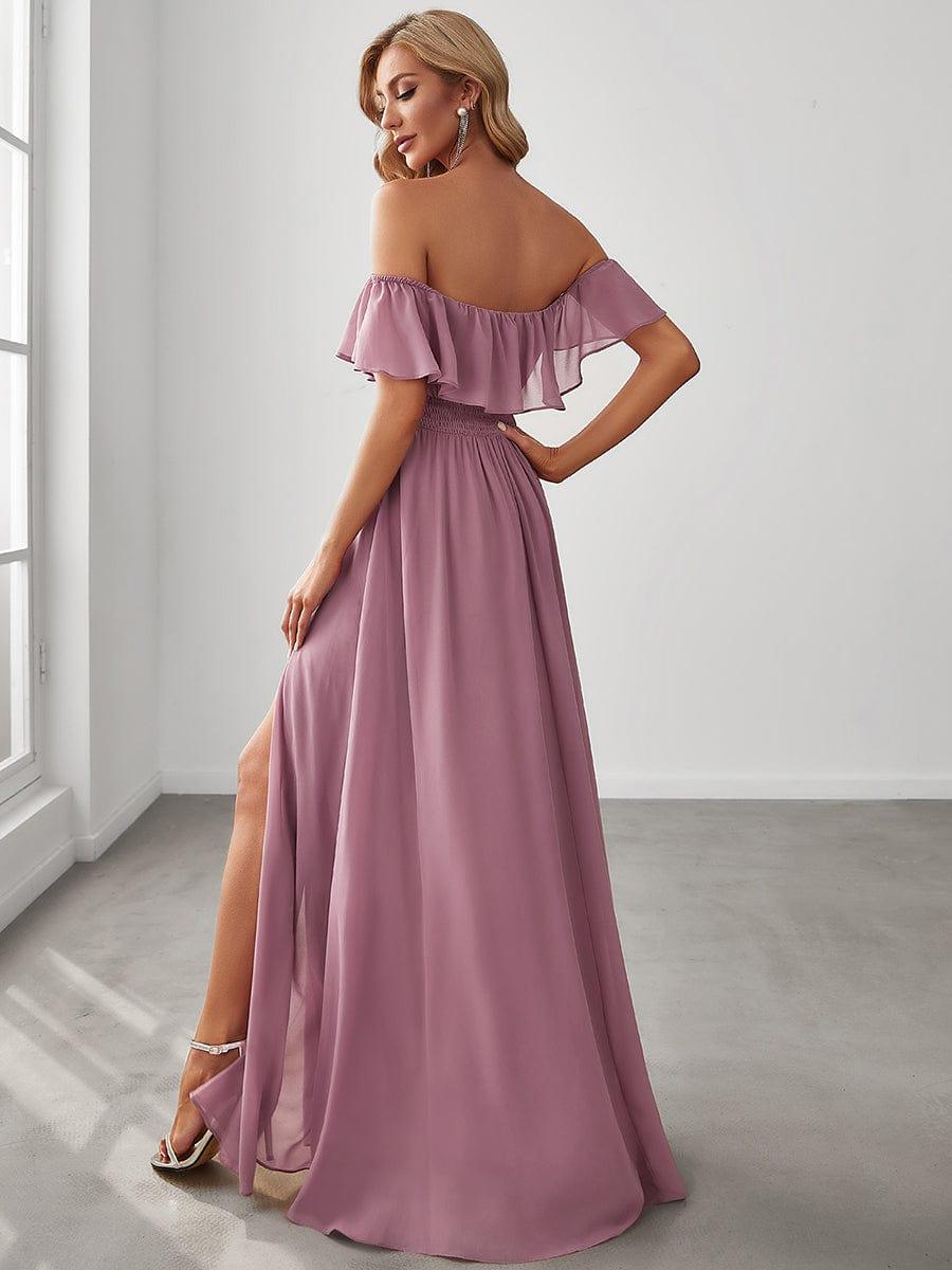 ever ÉMILE|Off the Shoulder Ruffle Bodice Long Flowy Chiffon Bridesmaid Dress