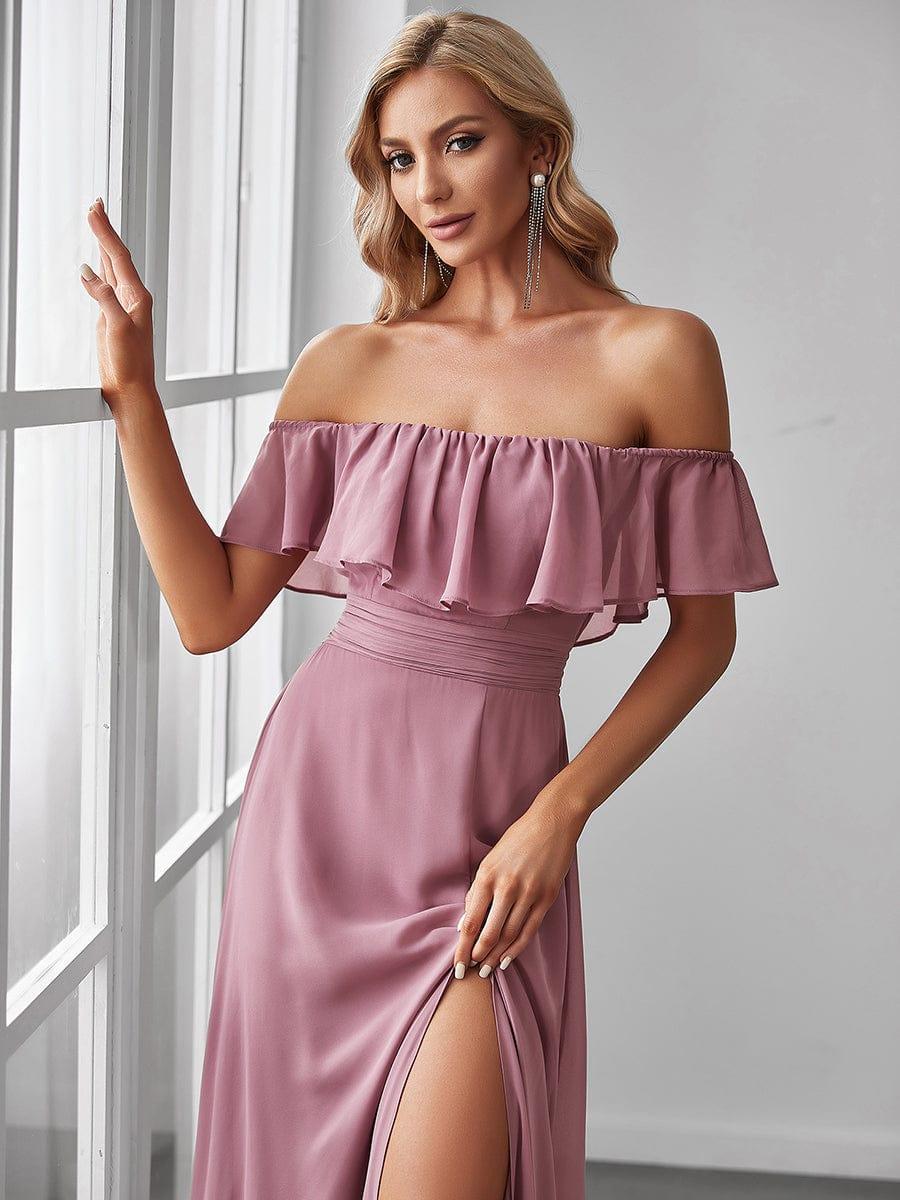 ever ÉMILE|Off the Shoulder Ruffle Bodice Long Flowy Chiffon Bridesmaid Dress