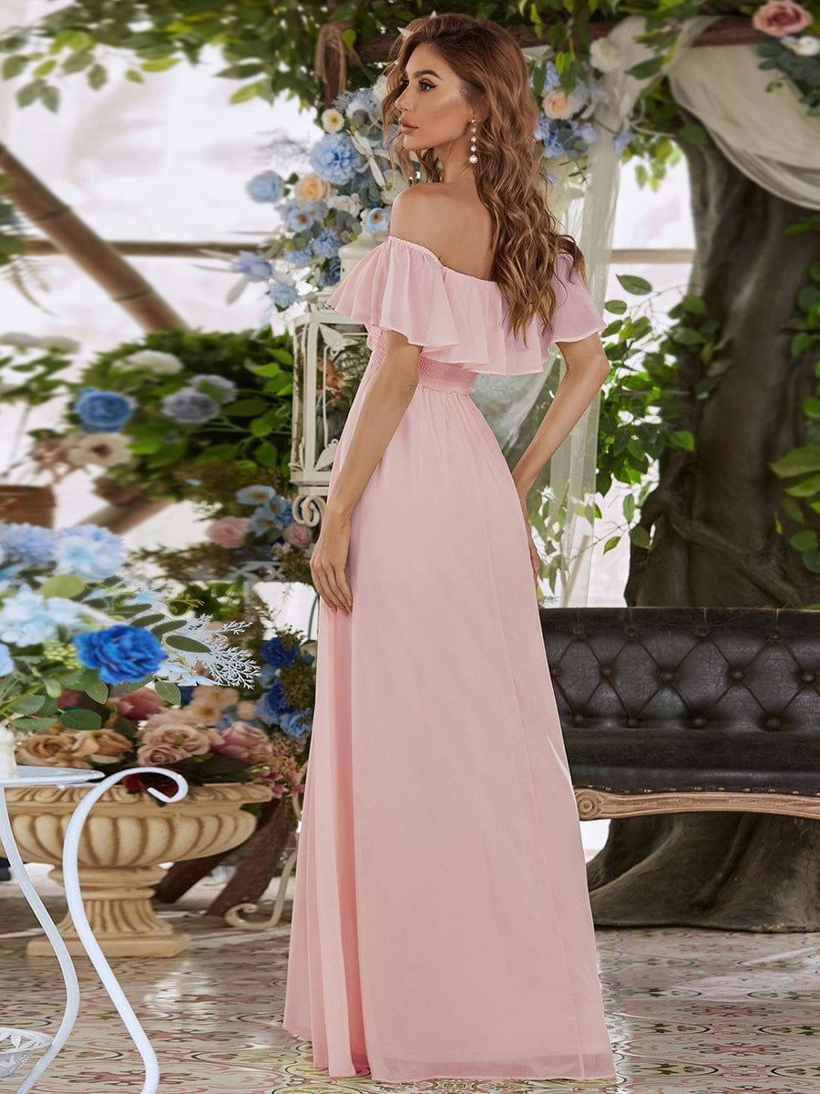 ever ÉMILE|Off the Shoulder Ruffle Bodice Long Flowy Chiffon Bridesmaid Dress