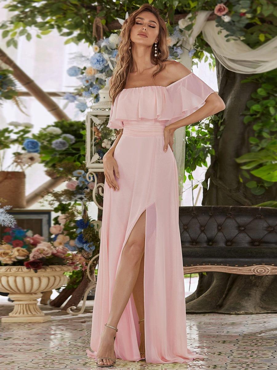 ever ÉMILE|Off the Shoulder Ruffle Bodice Long Flowy Chiffon Bridesmaid Dress