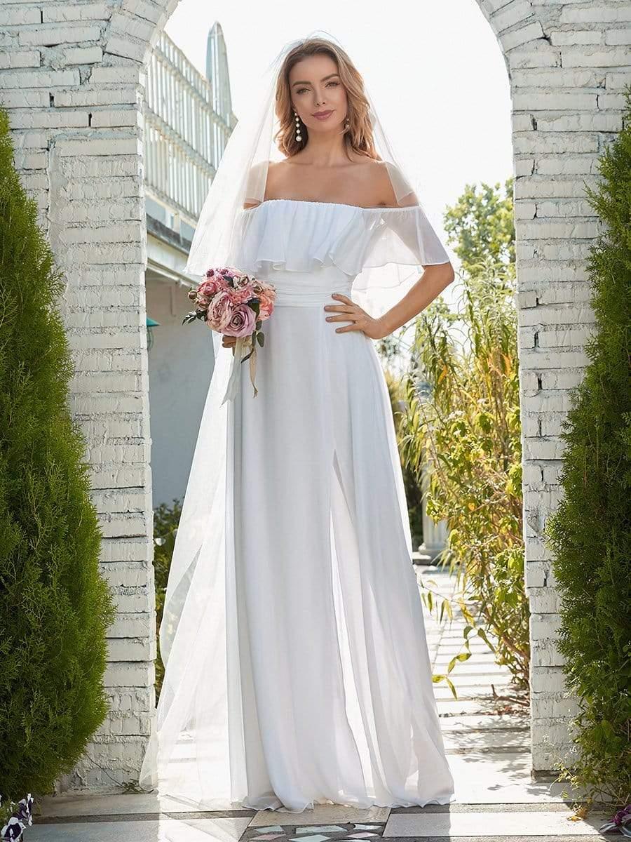 ever ÉMILE|Off the Shoulder Ruffle Bodice Long Flowy Chiffon Bridesmaid Dress