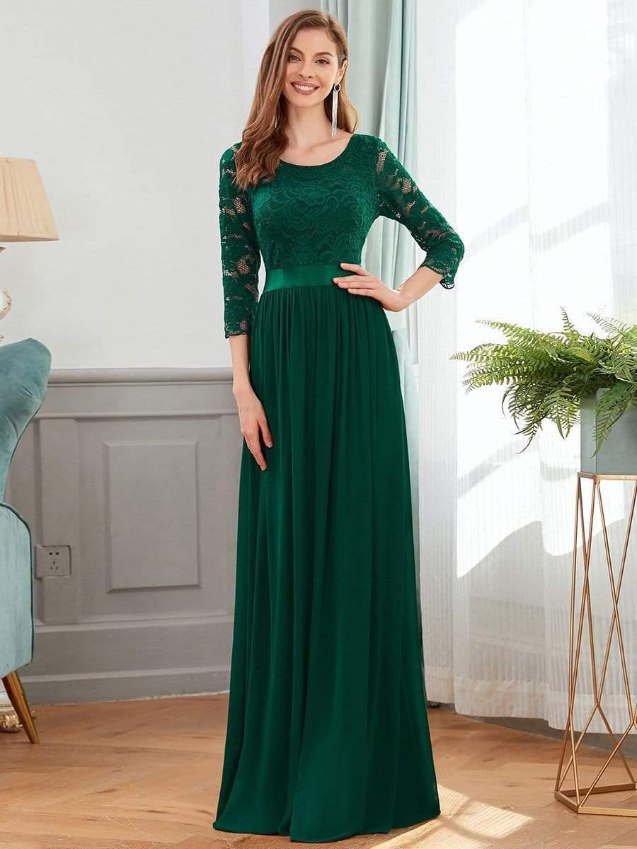 ever FAUN|See-Through Floor Length Lace Chiffon Evening Dress with Half Sleeve