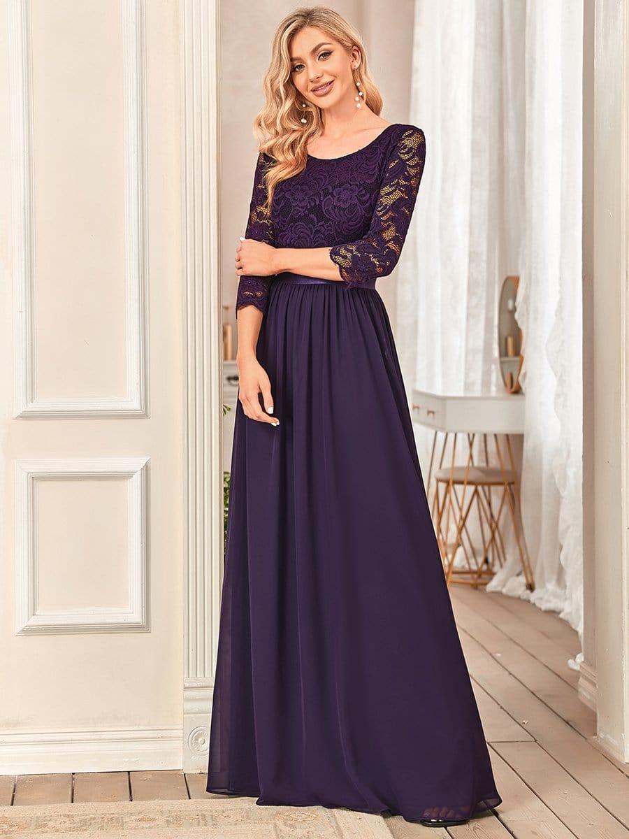 ever FAUN|See-Through Floor Length Lace Chiffon Evening Dress with Half Sleeve
