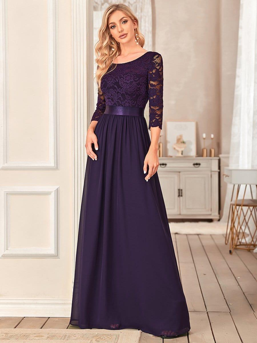 ever FAUN|Lace Chiffon Maxi Evening Dress with Half Sleeve