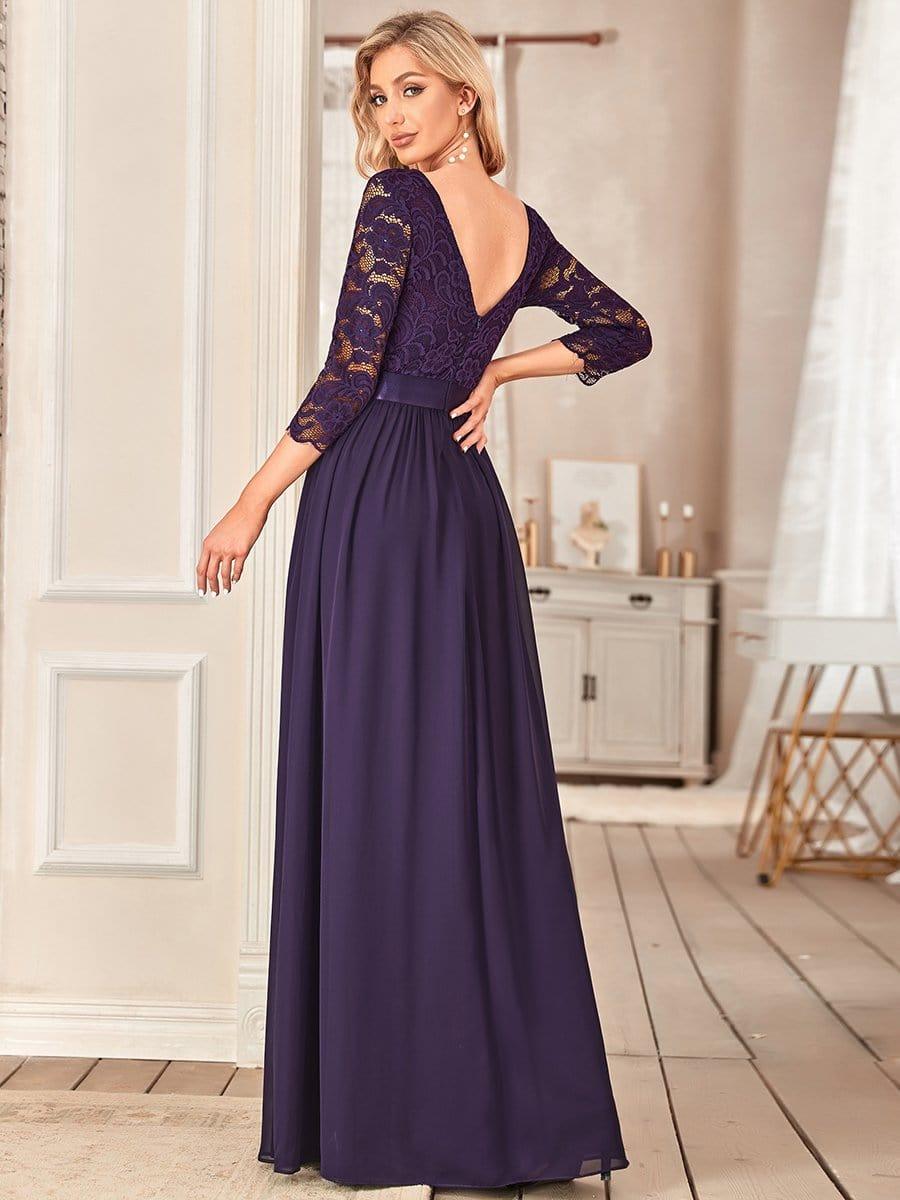 ever FAUN|See-Through Floor Length Lace Chiffon Evening Dress with Half Sleeve