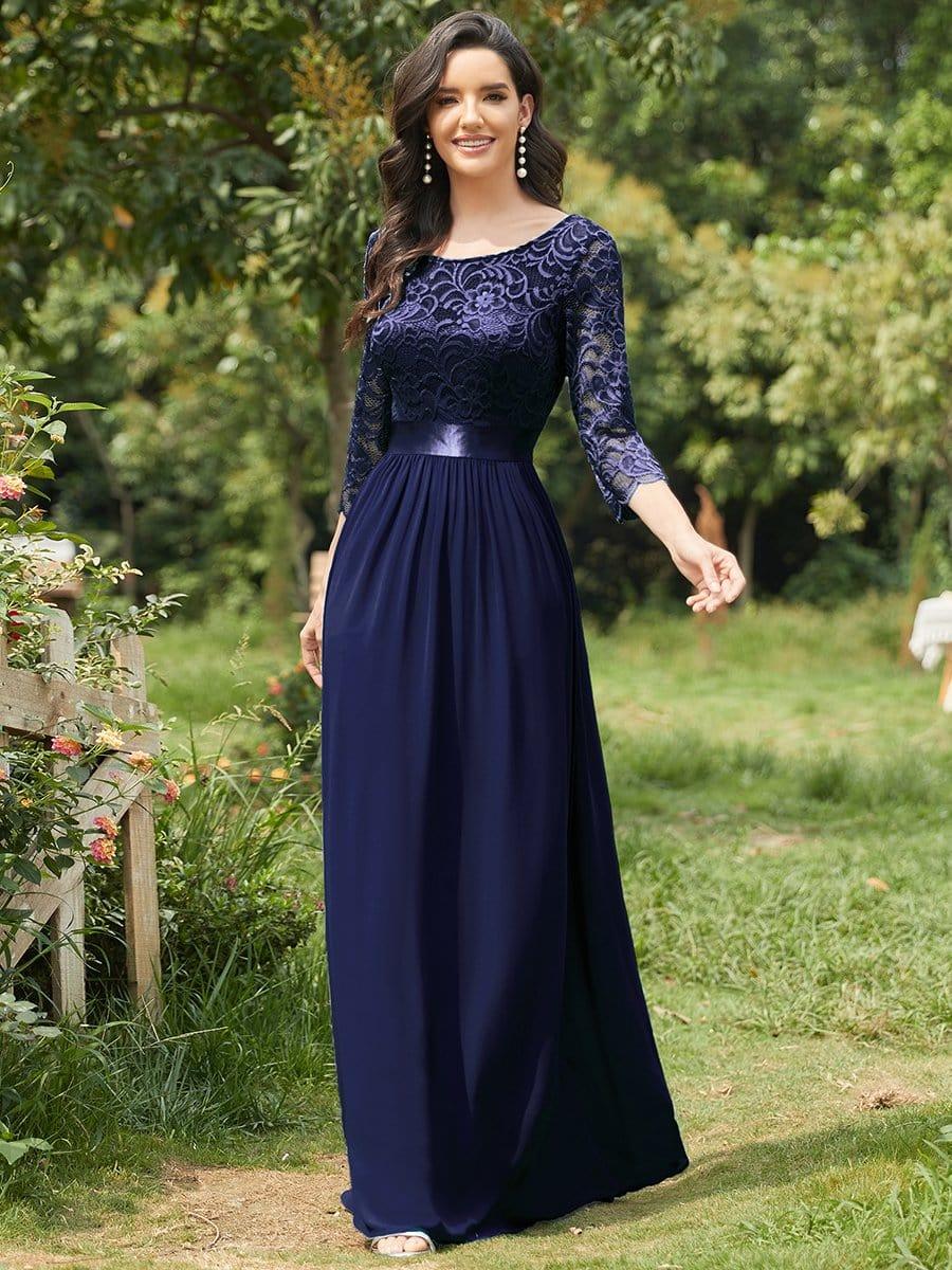 ever FAUN|See-Through Floor Length Lace Chiffon Evening Dress with Half Sleeve