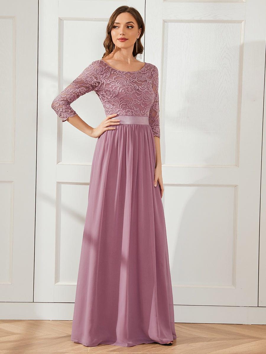 ever FAUN|See-Through Floor Length Lace Chiffon Evening Dress with Half Sleeve