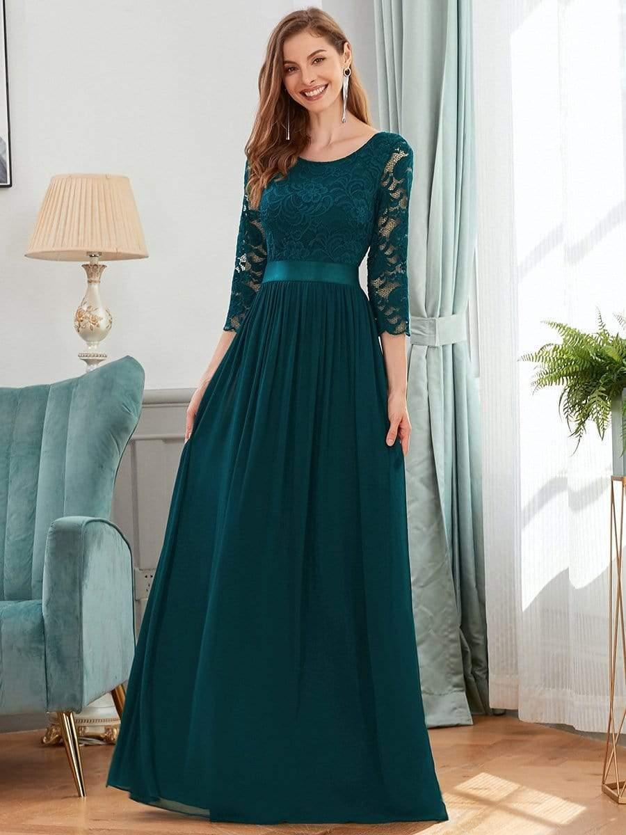ever FAUN|Lace Chiffon Maxi Evening Dress with Half Sleeve