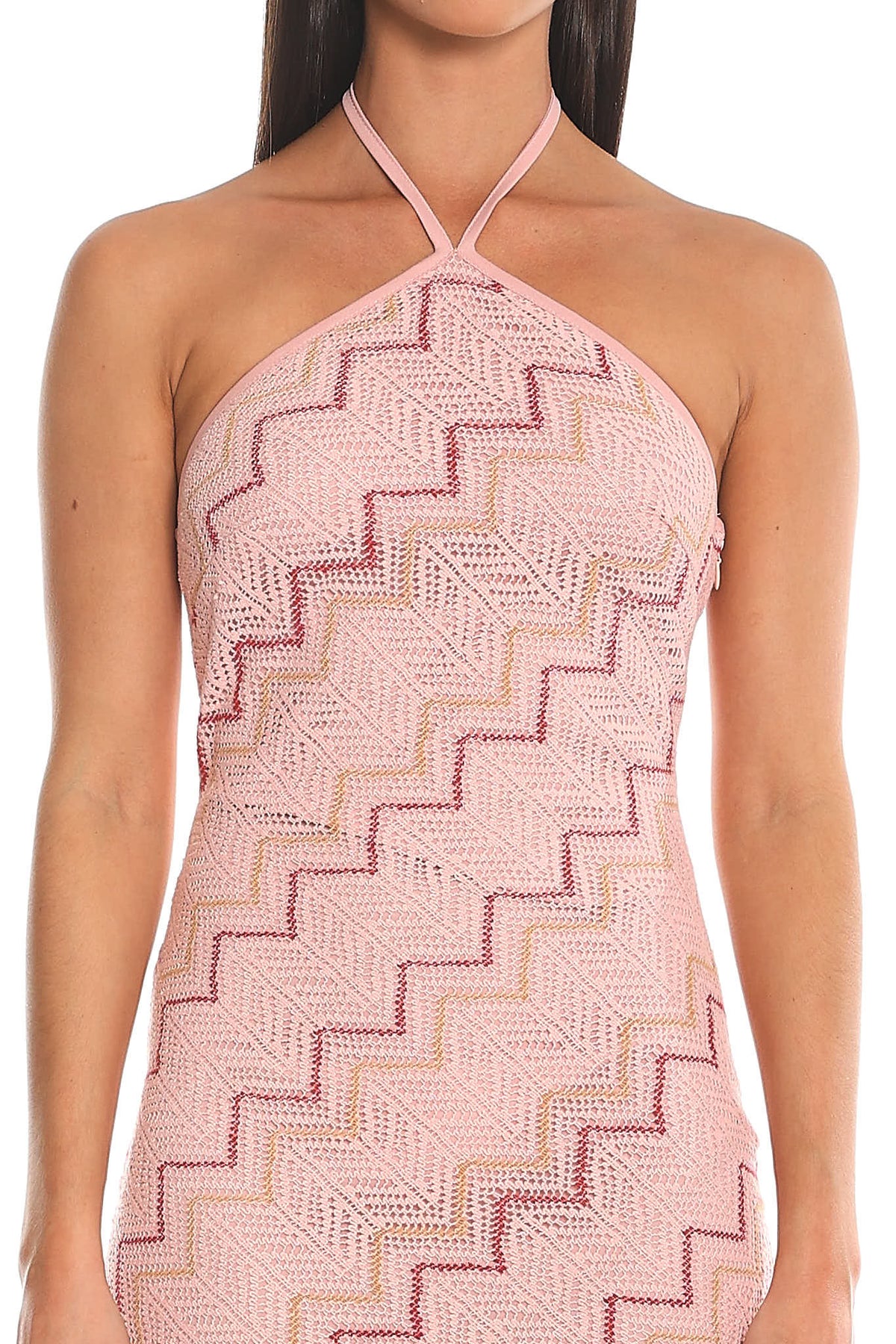 Viana Chevron Crochet Halter Maxi Dress Pink