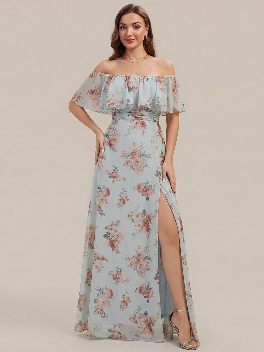 ever ÉMILE|Off the Shoulder Ruffle Bodice Long Flowy Chiffon Bridesmaid Dress