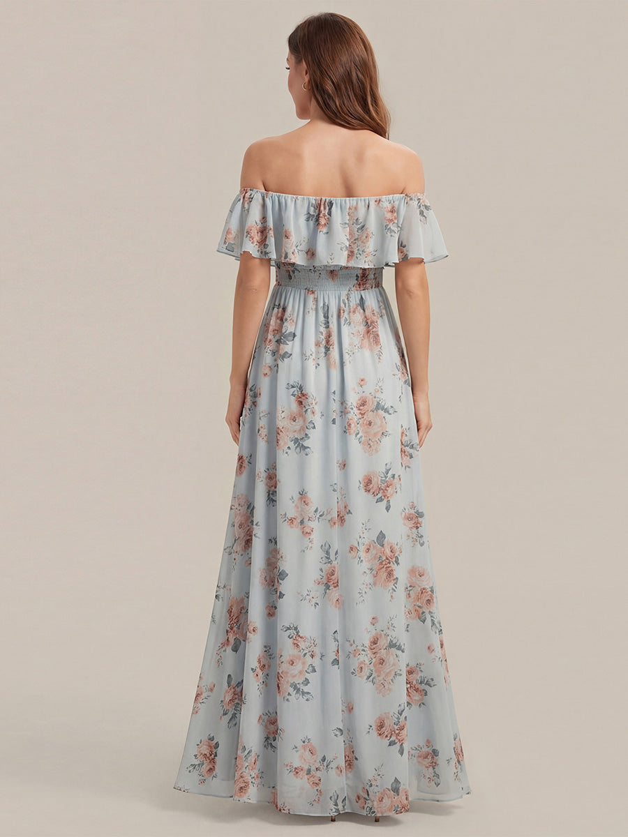 ever ÉMILE|Off the Shoulder Ruffle Bodice Long Flowy Chiffon Bridesmaid Dress
