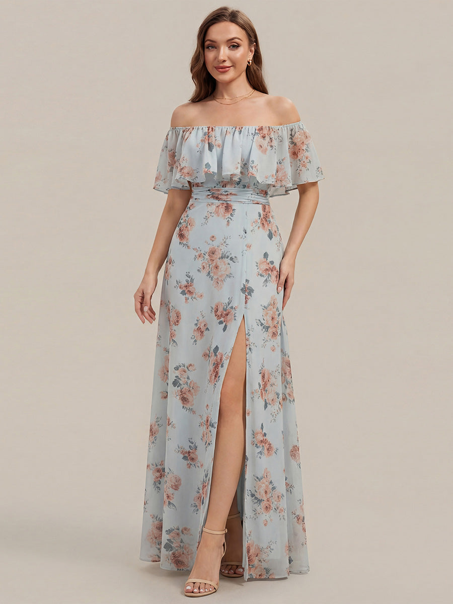 ever ÉMILE|Off the Shoulder Ruffle Bodice Long Flowy Chiffon Bridesmaid Dress
