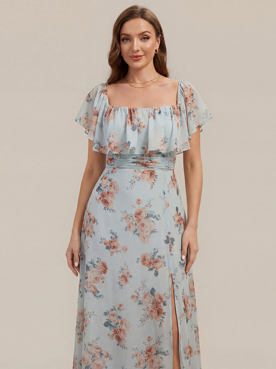 ever ÉMILE|Off the Shoulder Ruffle Bodice Long Flowy Chiffon Bridesmaid Dress
