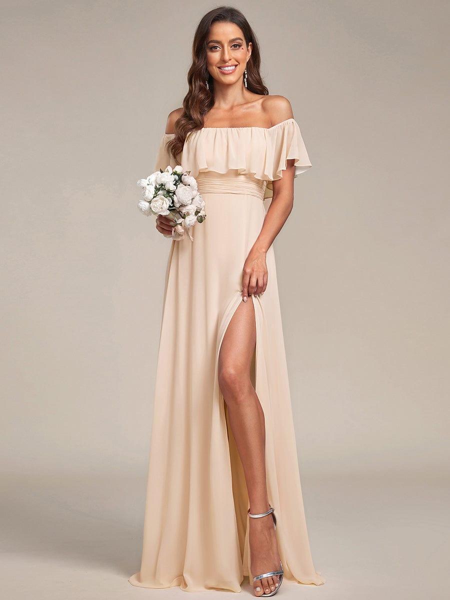 ever ÉMILE|Off the Shoulder Ruffle Bodice Long Flowy Chiffon Bridesmaid Dress