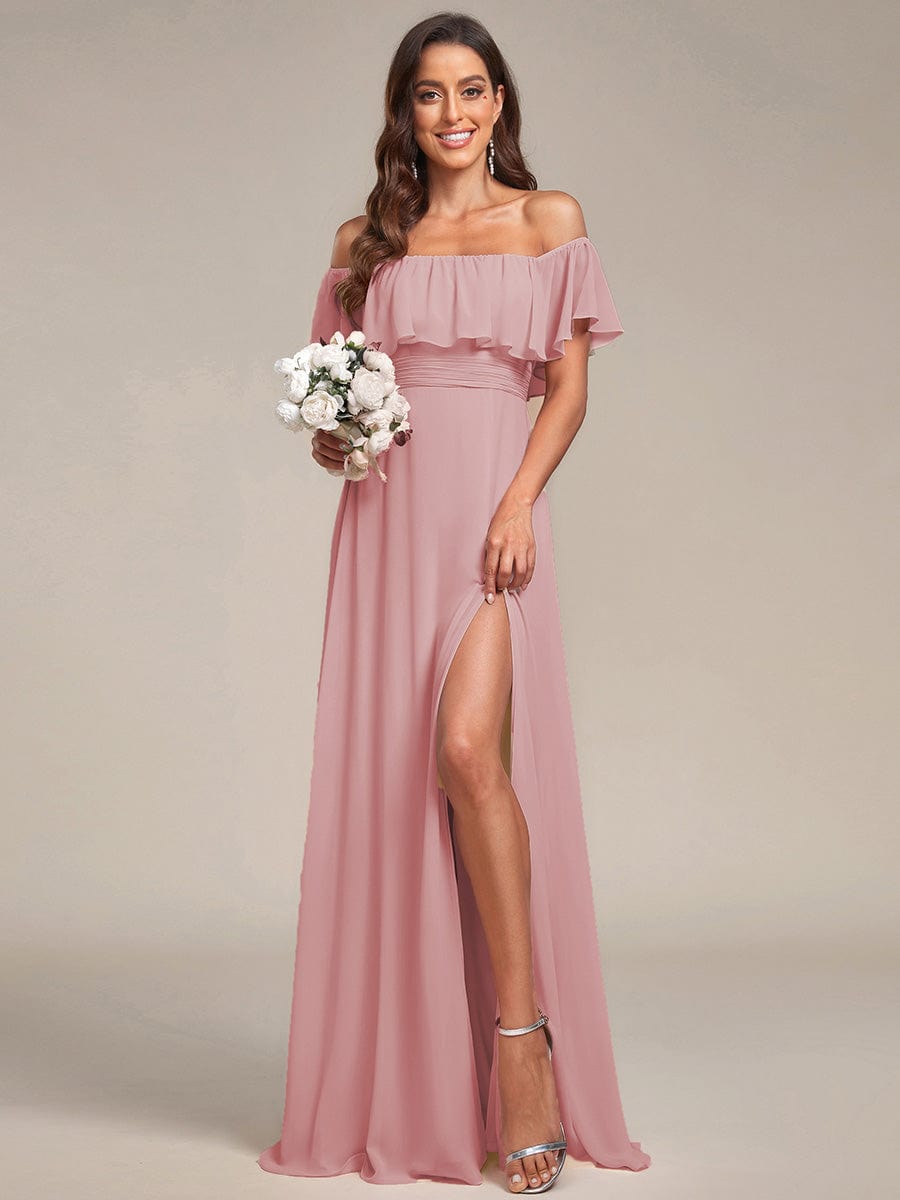 ever ÉMILE|Off the Shoulder Ruffle Bodice Long Flowy Chiffon Bridesmaid Dress