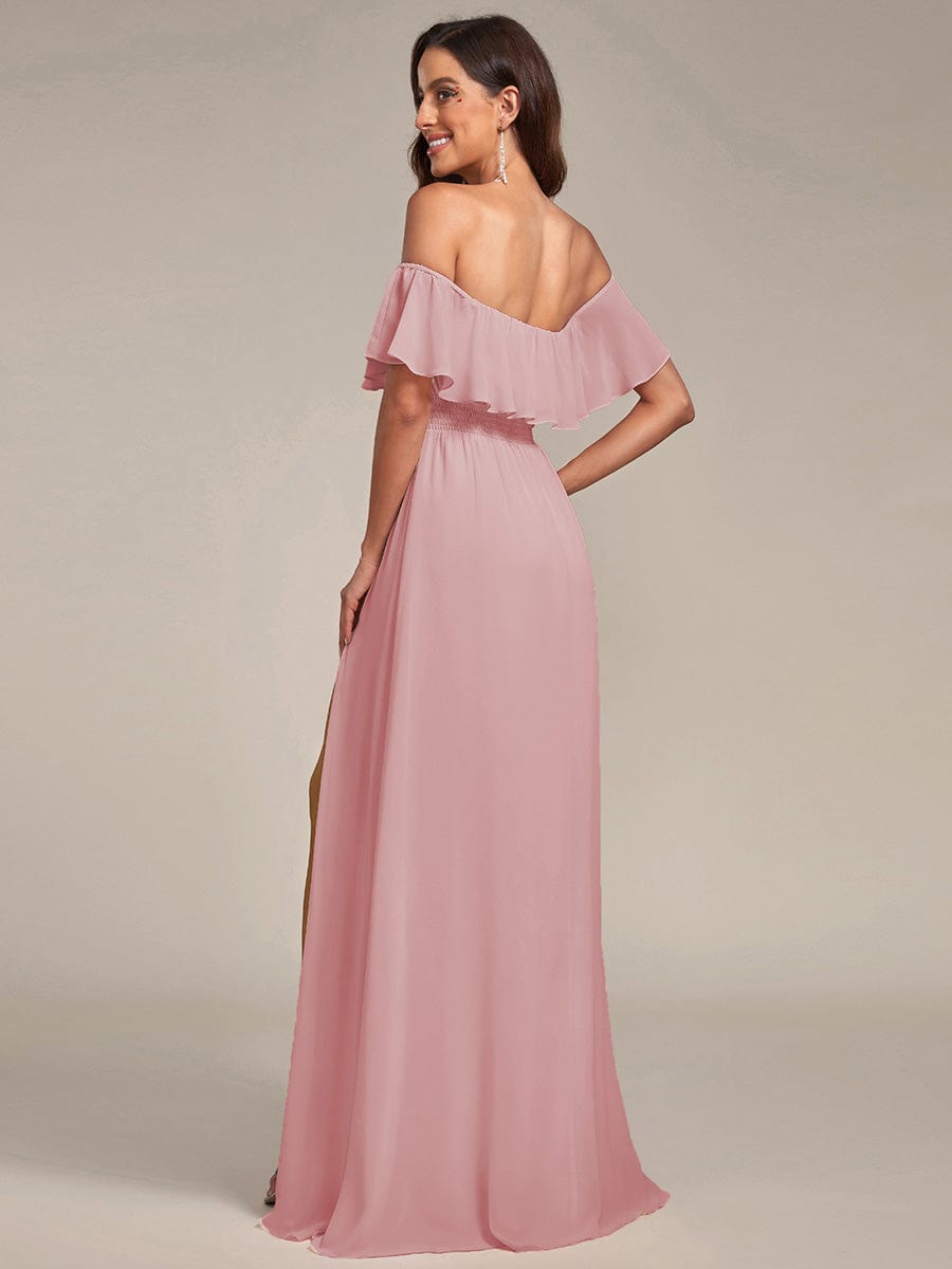 ever ÉMILE|Off the Shoulder Ruffle Bodice Long Flowy Chiffon Bridesmaid Dress