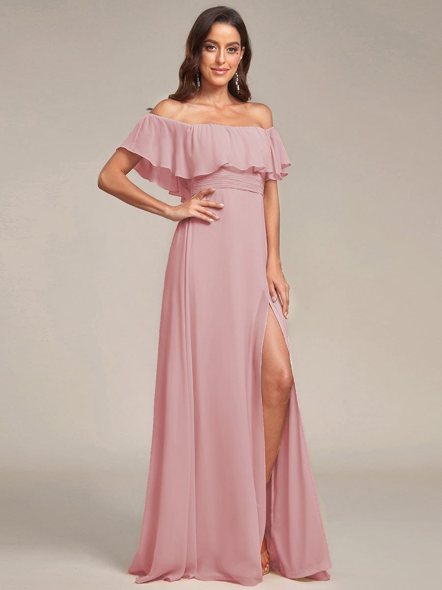 ever ÉMILE|Off the Shoulder Ruffle Bodice Long Flowy Chiffon Bridesmaid Dress