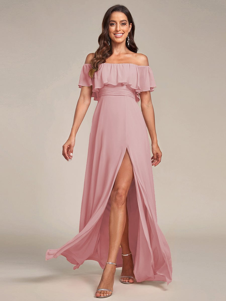 ever ÉMILE|Off the Shoulder Ruffle Bodice Long Flowy Chiffon Bridesmaid Dress