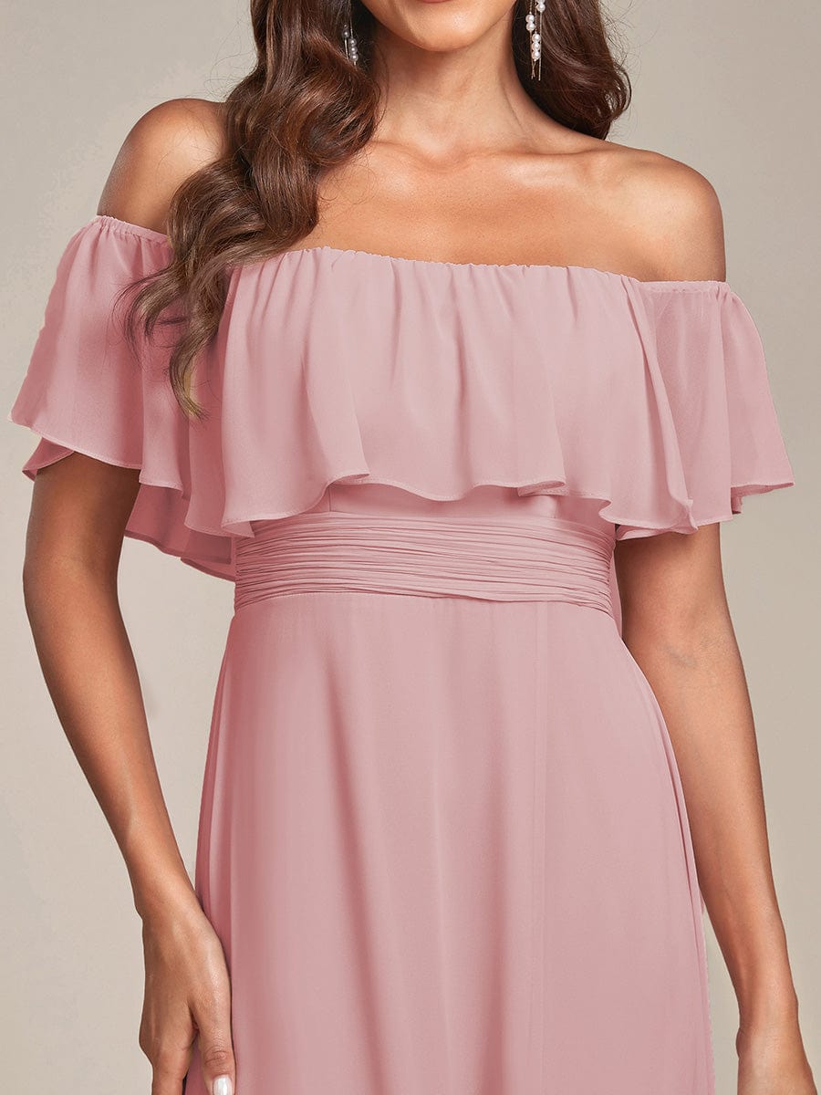 ever ÉMILE|Off the Shoulder Ruffle Bodice Long Flowy Chiffon Bridesmaid Dress