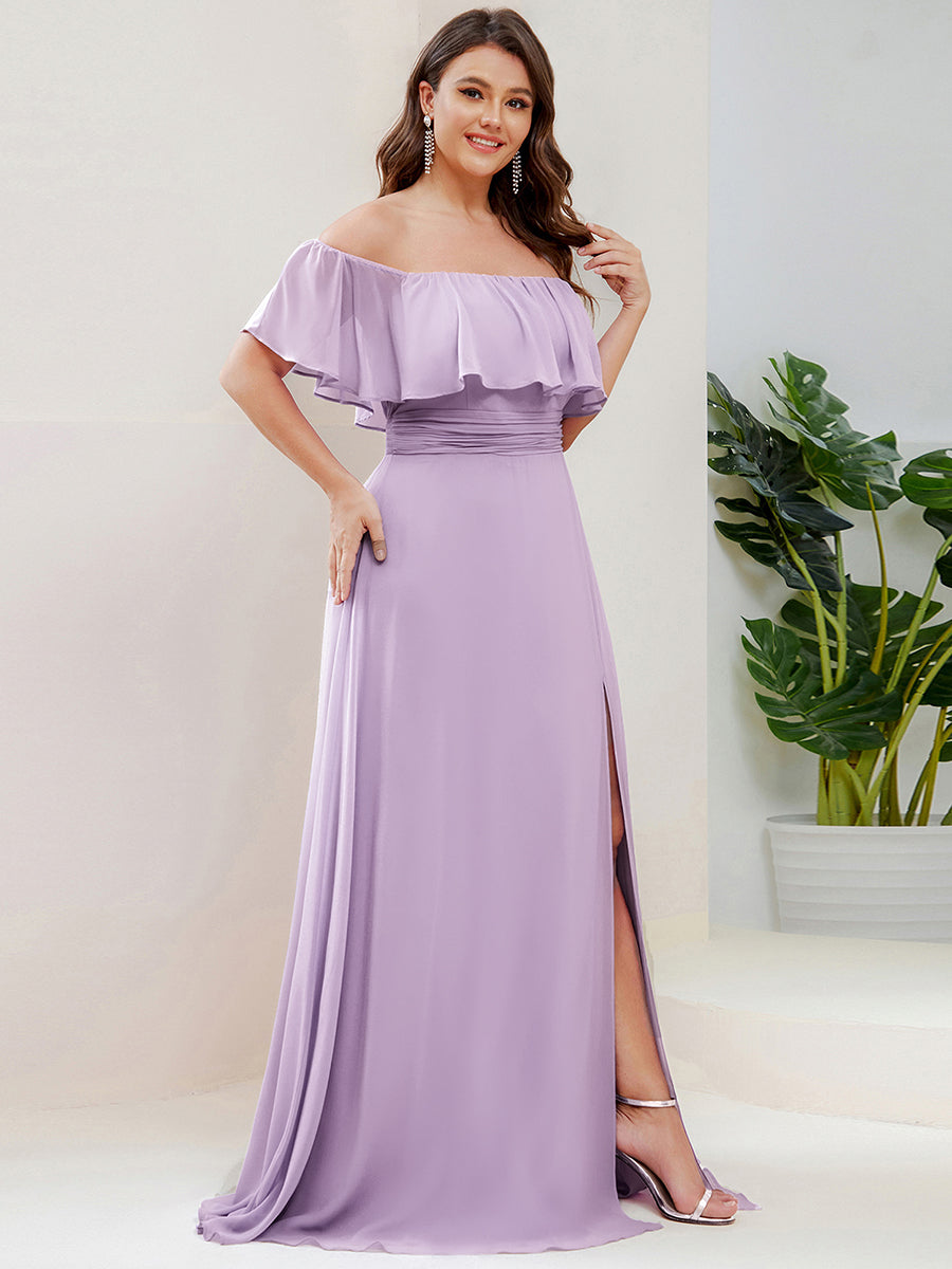 ever ÉMILE|Off the Shoulder Ruffle Bodice Long Flowy Chiffon Bridesmaid Dress