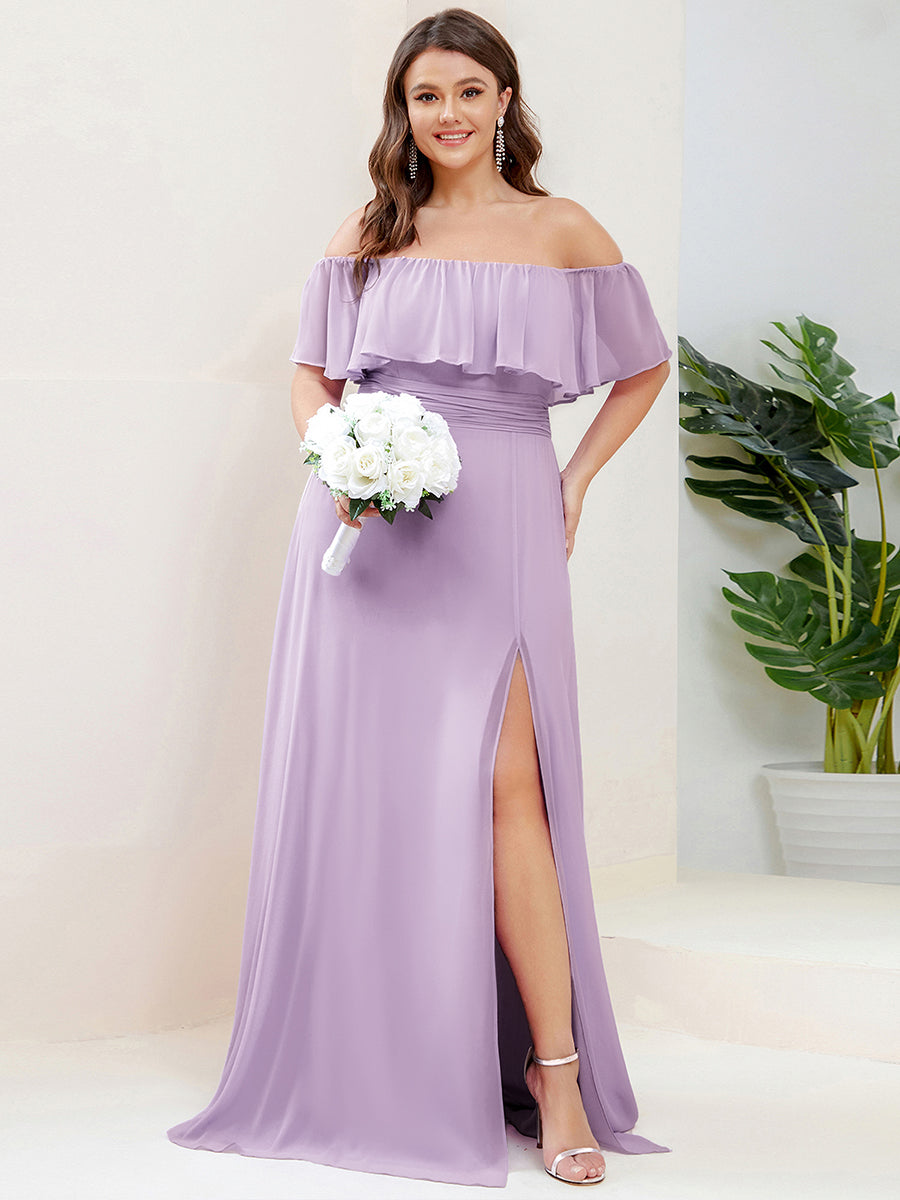 ever ÉMILE|Off the Shoulder Ruffle Bodice Long Flowy Chiffon Bridesmaid Dress