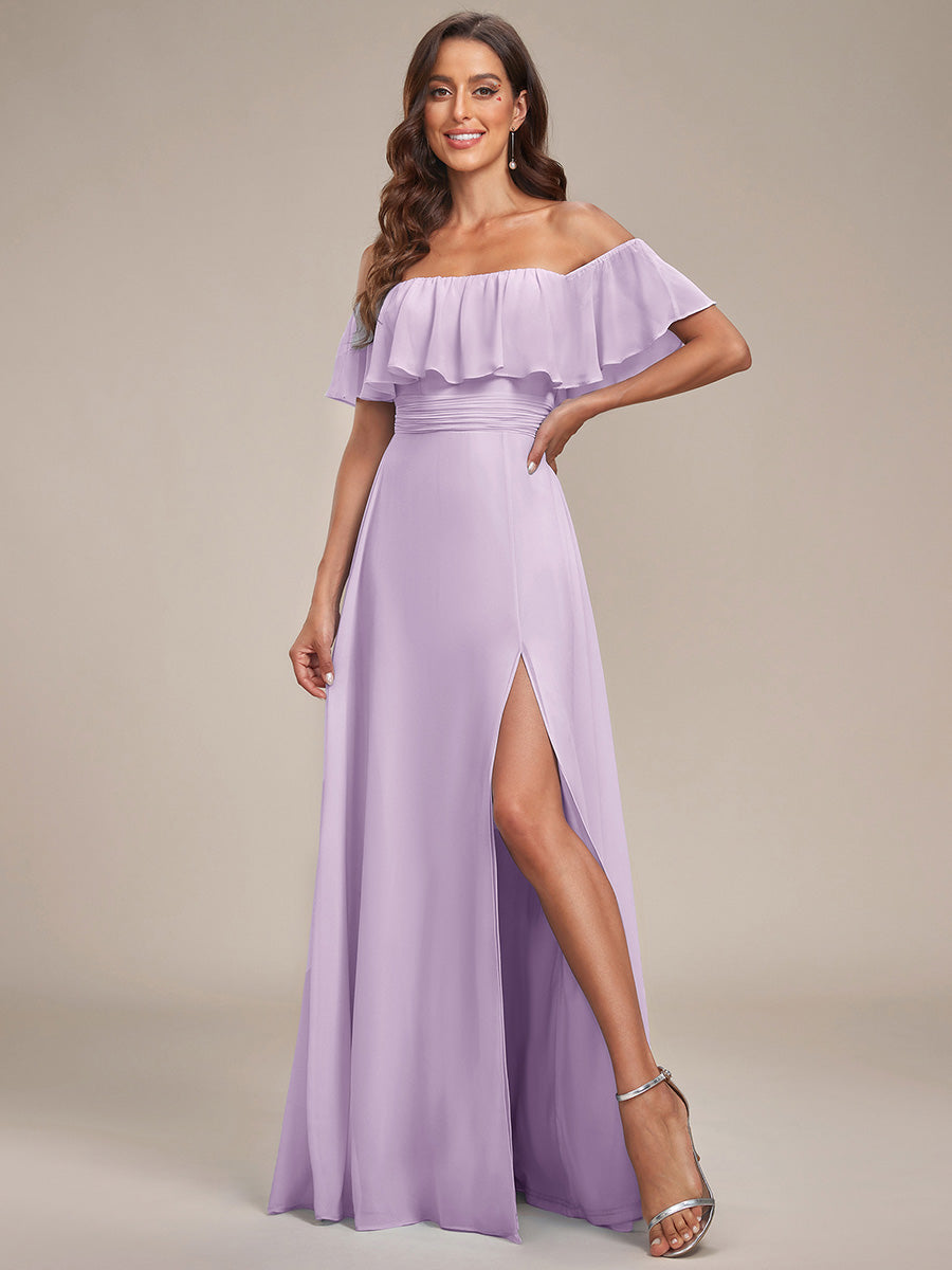 ever ÉMILE|Off the Shoulder Ruffle Bodice Long Flowy Chiffon Bridesmaid Dress