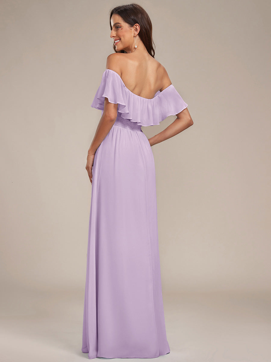 ever ÉMILE|Off the Shoulder Ruffle Bodice Long Flowy Chiffon Bridesmaid Dress