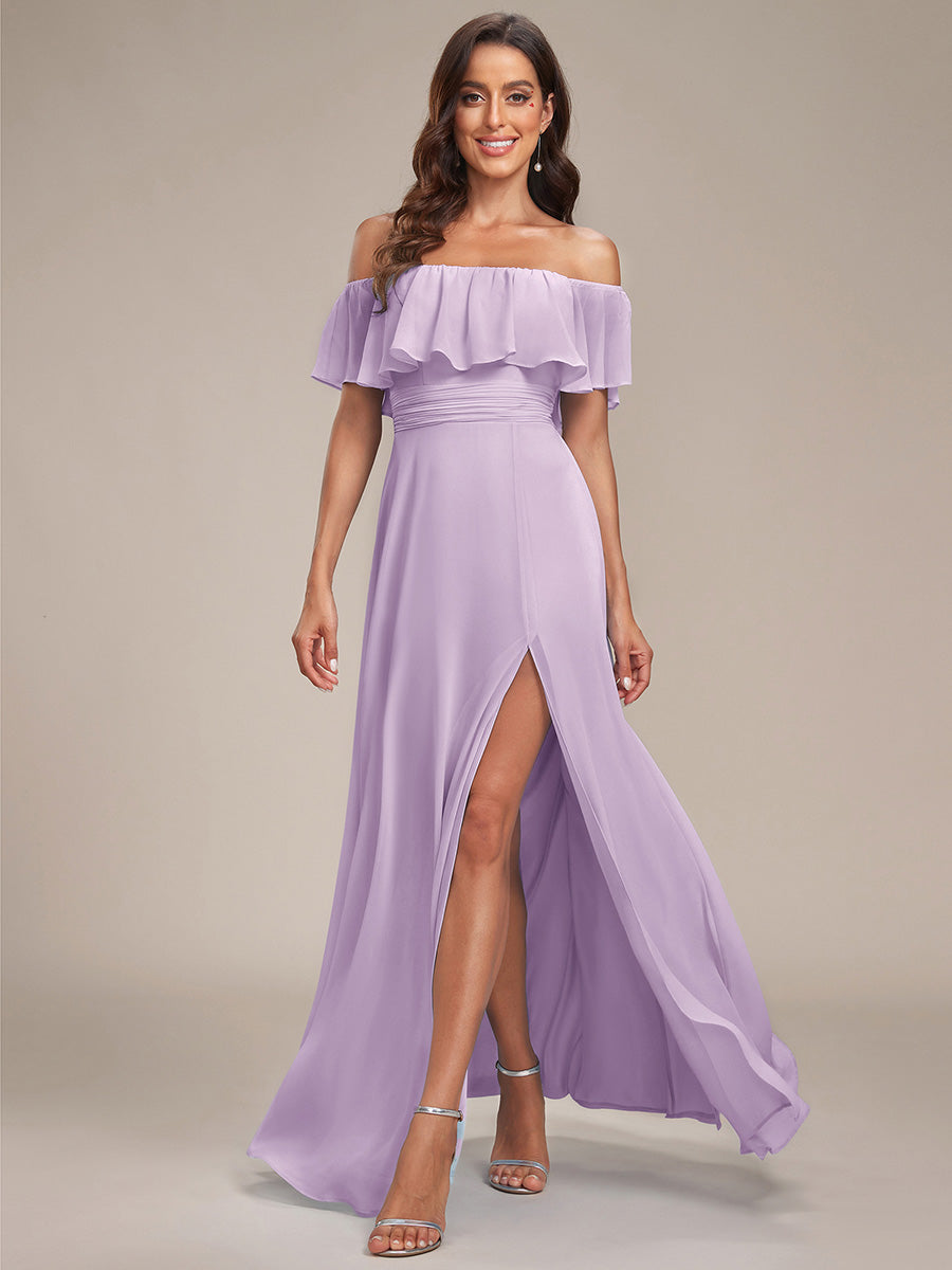 ever ÉMILE|Off the Shoulder Ruffle Bodice Long Flowy Chiffon Bridesmaid Dress