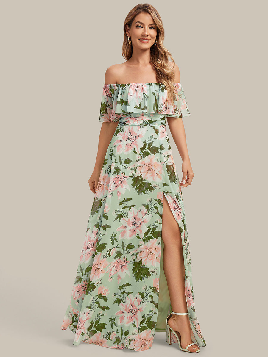 ever ÉMILE|Off the Shoulder Ruffle Bodice Long Flowy Chiffon Bridesmaid Dress