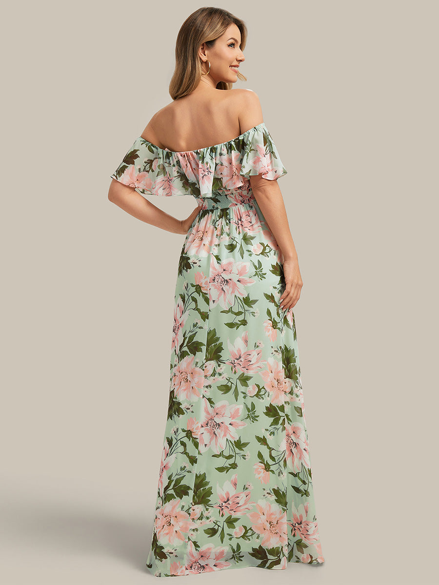 ever ÉMILE|Off the Shoulder Ruffle Bodice Long Flowy Chiffon Bridesmaid Dress
