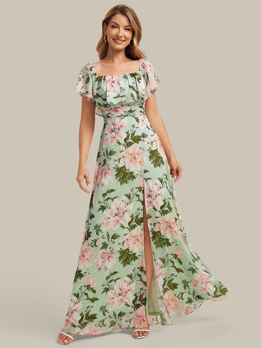 ever ÉMILE|Off the Shoulder Ruffle Bodice Long Flowy Chiffon Bridesmaid Dress