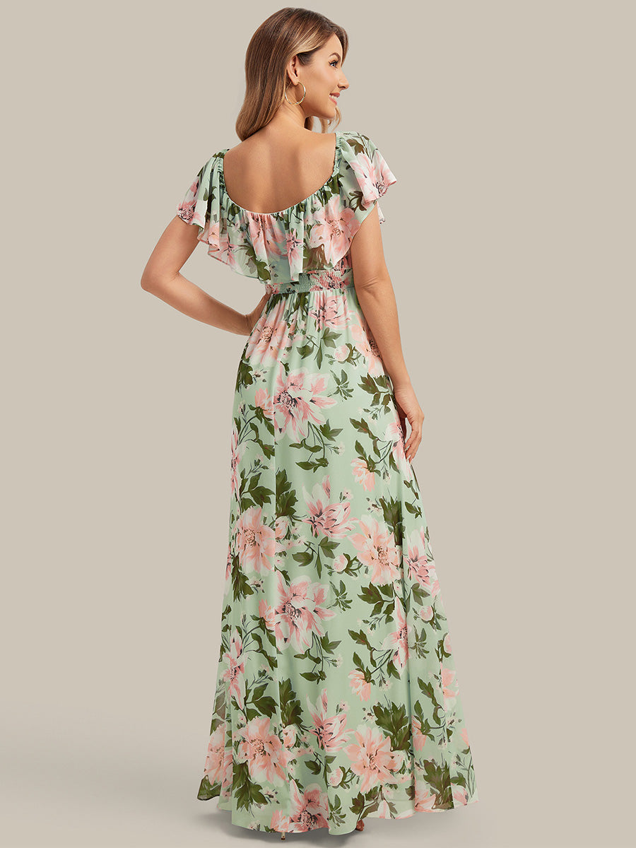 ever ÉMILE|Off the Shoulder Ruffle Bodice Long Flowy Chiffon Bridesmaid Dress