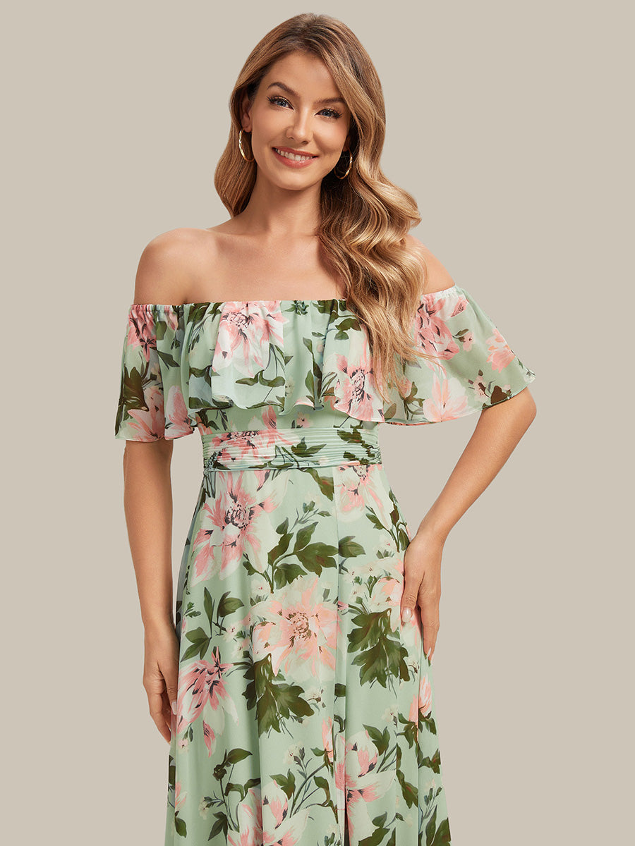 ever ÉMILE|Off the Shoulder Ruffle Bodice Long Flowy Chiffon Bridesmaid Dress