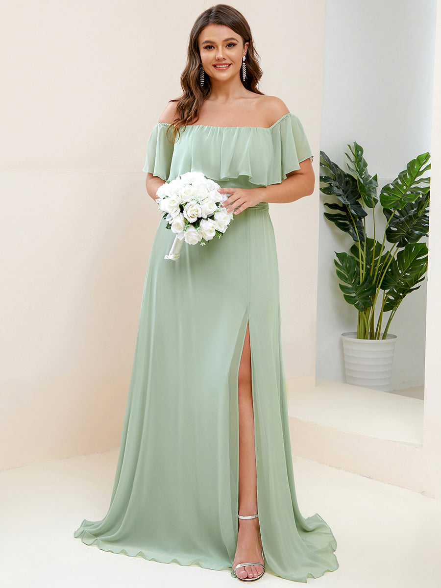 ever ÉMILE|Plus Size Off the Shoulder Formal Bridesmaid Dress with Thigh Split