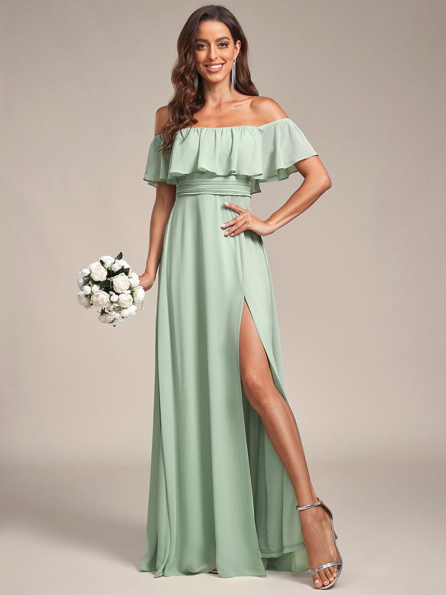 ever ÉMILE|Off the Shoulder Ruffle Bodice Long Flowy Chiffon Bridesmaid Dress
